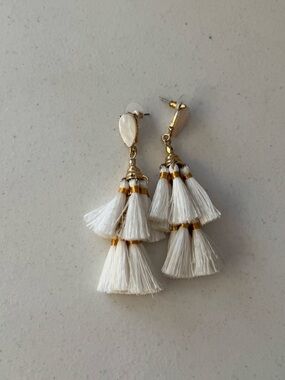 White Tassel Drop Earrings with Gold Accents